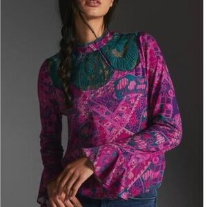 NWT TINY for Anthropologie Brenan Purple/Green Blouse with Crochet Yoke size XL